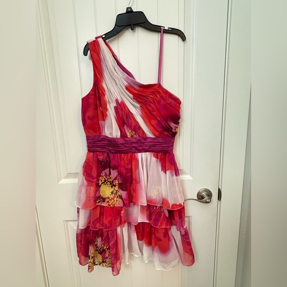 Max & Cleo Red and Pink Floral One-Shoulder Dress women’s size 8 - Picture 1 of 5